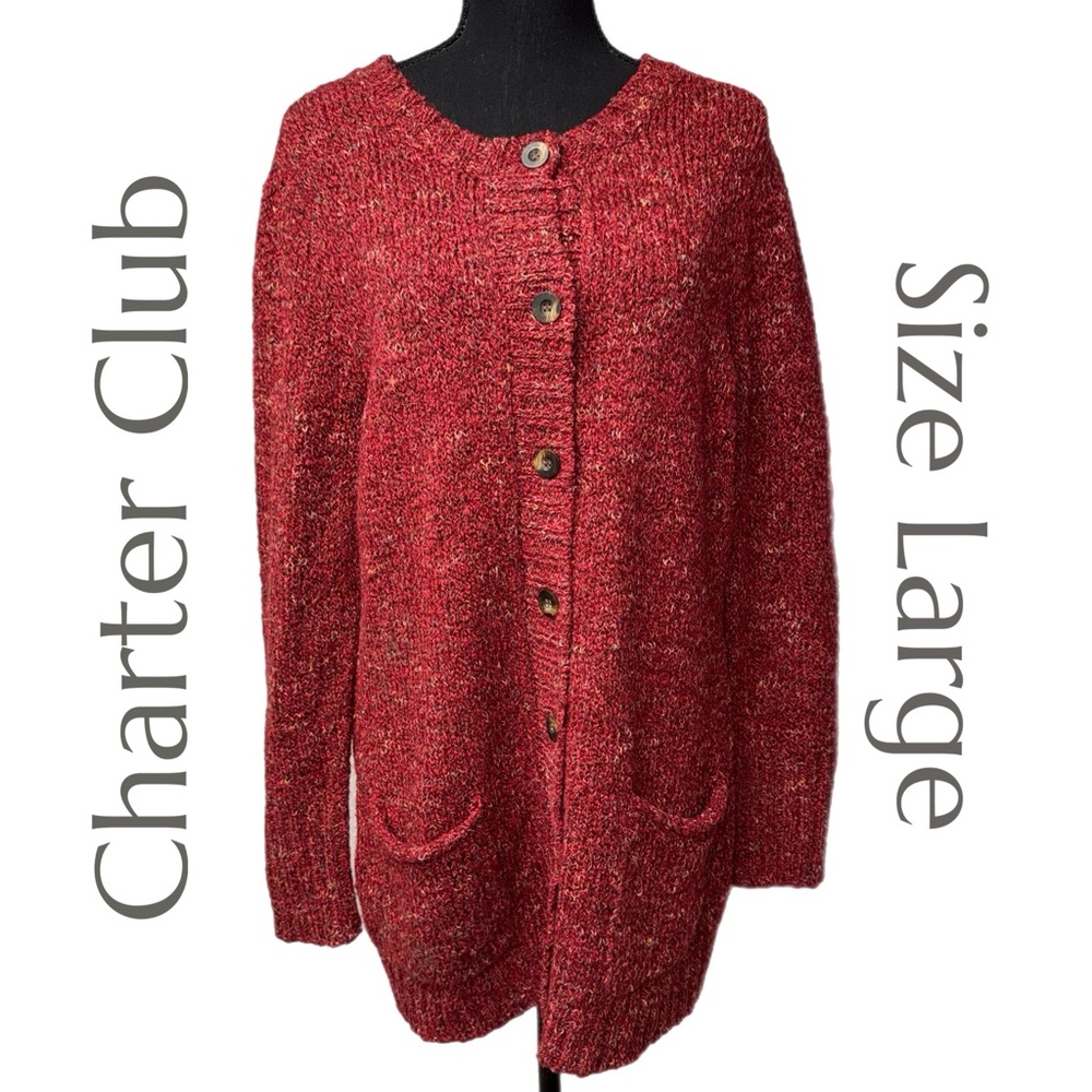 Charter Club - Red Marled Button‑Front Cardigan Sweater - Pockets -‎ Size Large